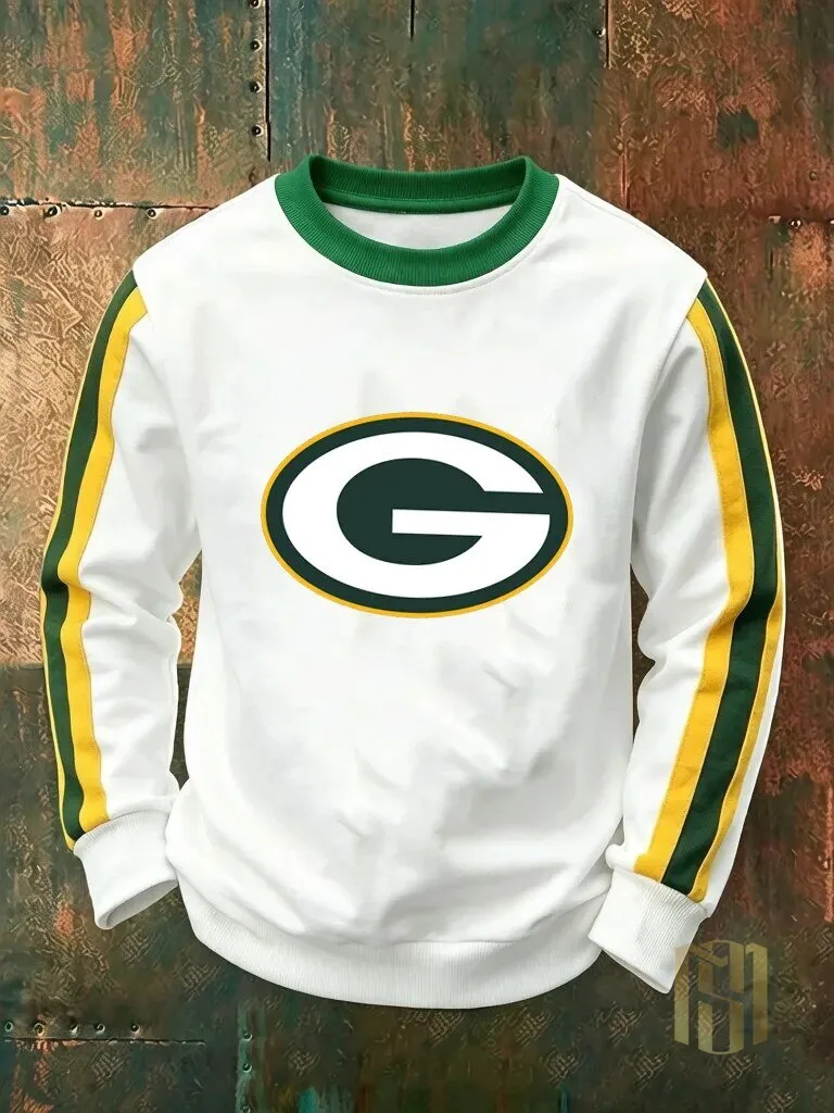 Green Bay Packers NFL Football Team Logo White Striped Crewneck Sweatshirt 2 Green Bay Packers NFL Football Team Logo White Striped Crewneck Sweatshirt